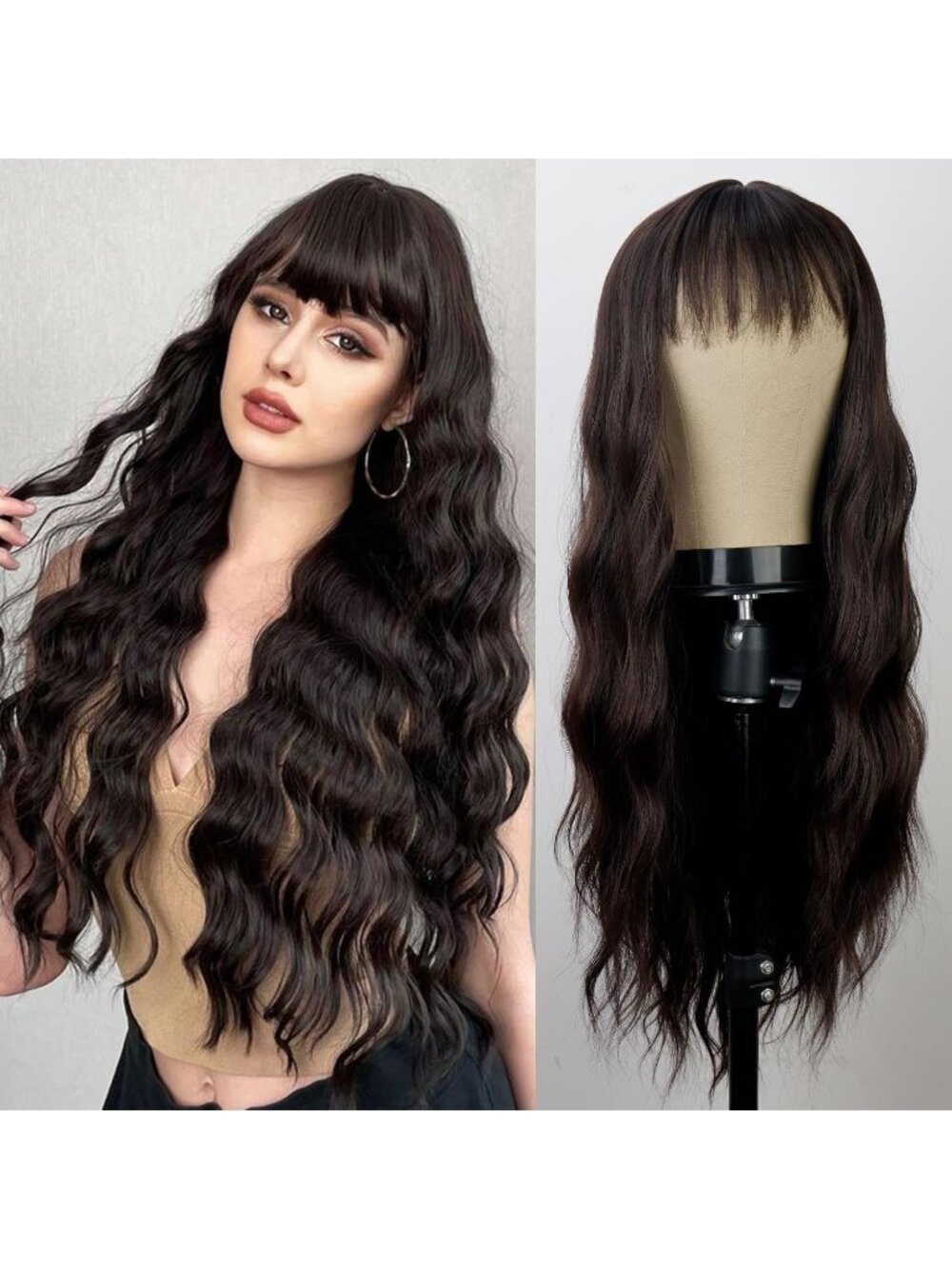 Women's Brown 26 Inch Natural Looking Synthetic Fiber Long Wavy Wigs Bangs
